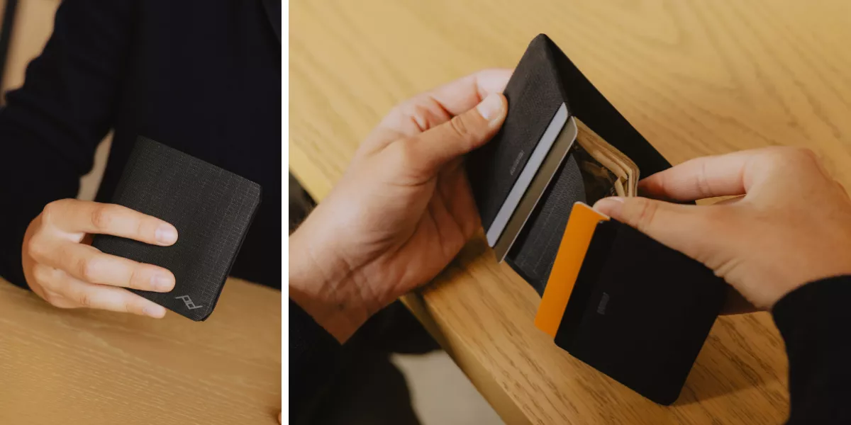 Peak Design Everyday Billfold Wallet Black – černá skládací peněženka bifold z tkaniny TerraShell™ s RFID ochranou, pohled zvenku a detail vkládání karet a bankovek