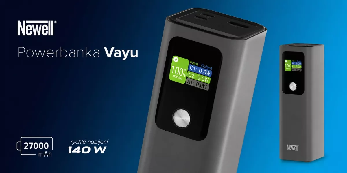 Newell Vayu 27000 mAh PD 140 W - moderní powerbanka s rychlým nabíjením 140 W, barevným displejem a vysokou kapacitou 27000 mAh na modrém produktovém pozadí.