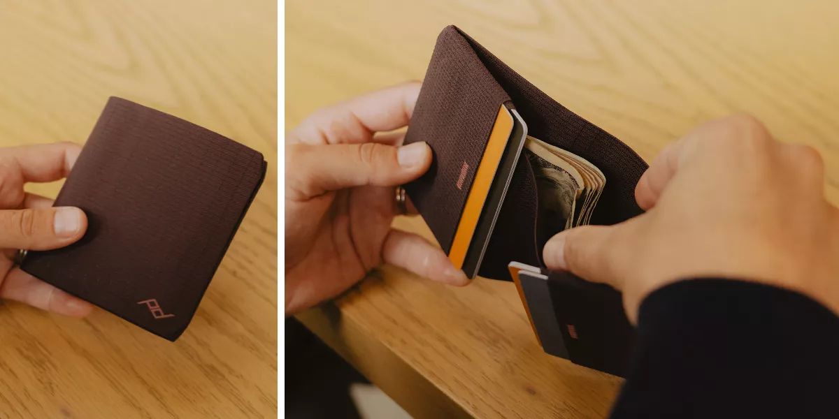 Peak Design Everyday Billfold Wallet Eclipse – švestková skládací peněženka bifold z tkaniny TerraShell™ s RFID ochranou, pohled zvenku a detail s kartami a bankovkami