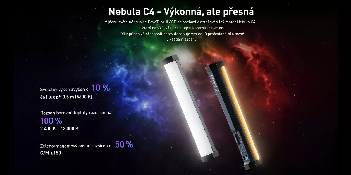 Nanlite PavoTube II 6CP s RGBW světelným enginem Nebula C4 - široký banner představující vyšší světelný výkon, rozšířený rozsah barevné teploty a přesnější ovládání barev.